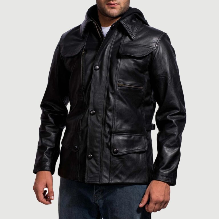 Mens Moulder Hooded Black Leather Jacket Close Front-5-1718119423941